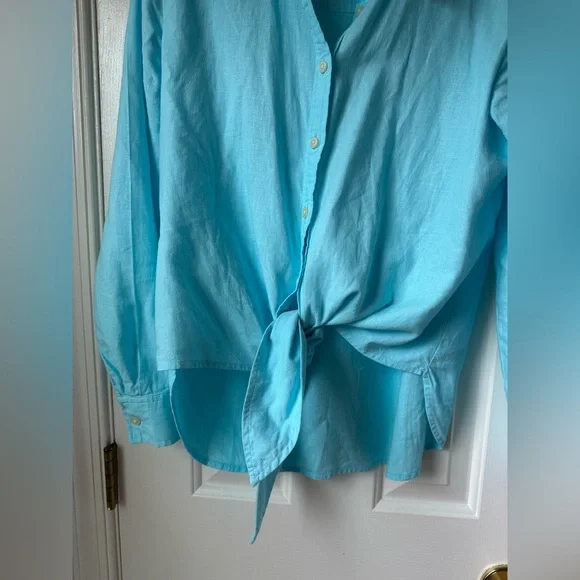 Loft Linen Blend Button Down Shirt with Tie Hem - Picture 2 of 4